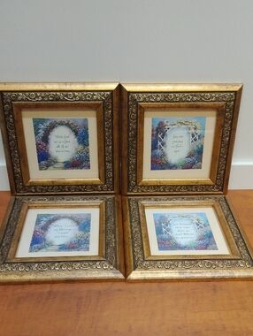 VTG Gold Ornate Wood & Glass Framed Floral Inspirational Wall Art Set Of 4 6x6"